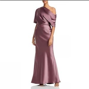 BHLDN/ Amsale Anthropology off shoulder satin column dress.